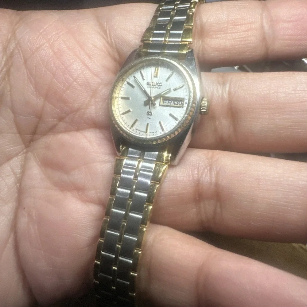 Works VTG Seiko SQ Ladies watch Date Two Tone Quartz New Battery 24mm Fit 6.5in